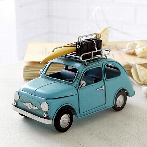 ブリキの車 フィアット Fiat 500 サーフキャリングカー ライトブルー Sサイズ 取り寄せ品 納期1週間前後 ブリキのおもちゃtop